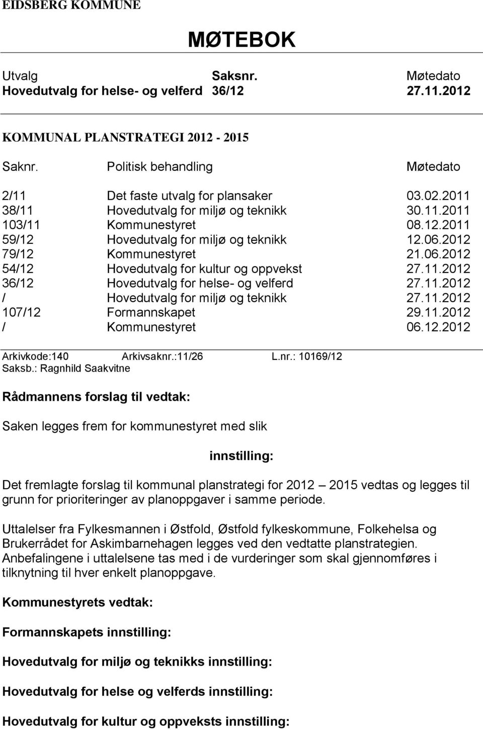 06.2012 79/12 Kommunestyret 21.06.2012 54/12 Hovedutvalg for kultur og oppvekst 27.11.2012 36/12 Hovedutvalg for helse- og velferd 27.11.2012 / Hovedutvalg for miljø og teknikk 27.11.2012 107/12 Formannskapet 29.