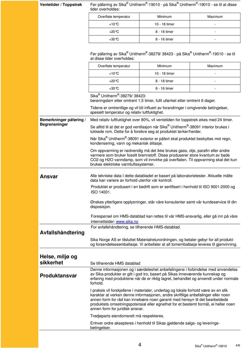 Ansvar Sika Unitherm -38279/ 38423: berøringstørr etter omtrent 1,5 timer, fullt uttørket etter omtrent 6 dager.