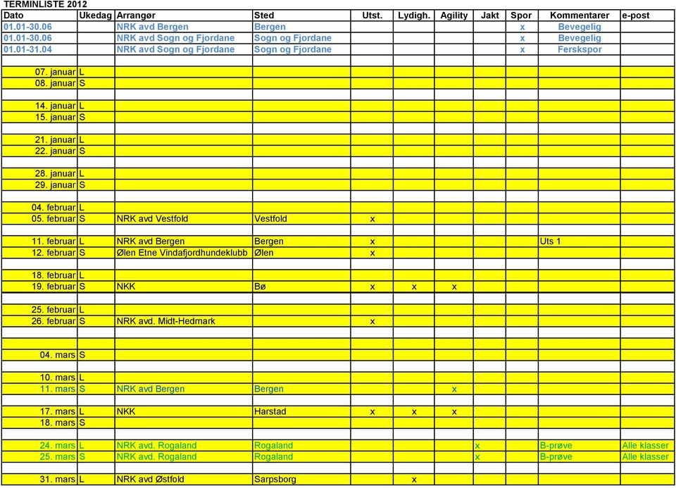 februar S NRK avd Vestfold Vestfold x 11. februar L NRK avd Bergen Bergen x Uts 1 12. februar S Ølen Etne Vindafjordhundeklubb Ølen x 18. februar L 19. februar S NKK Bø x x x 25. februar L 26.