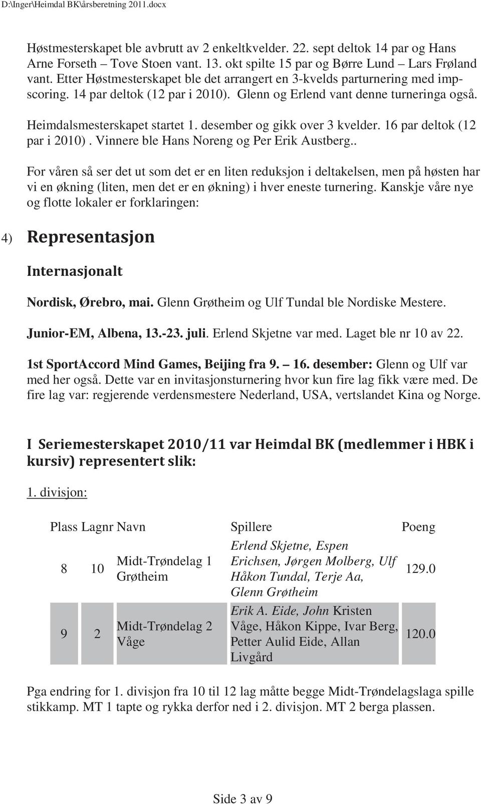 desember og gikk over 3 kvelder. 16 par deltok (12 par i 2010). Vinnere ble Hans Noreng og Per Erik Austberg.