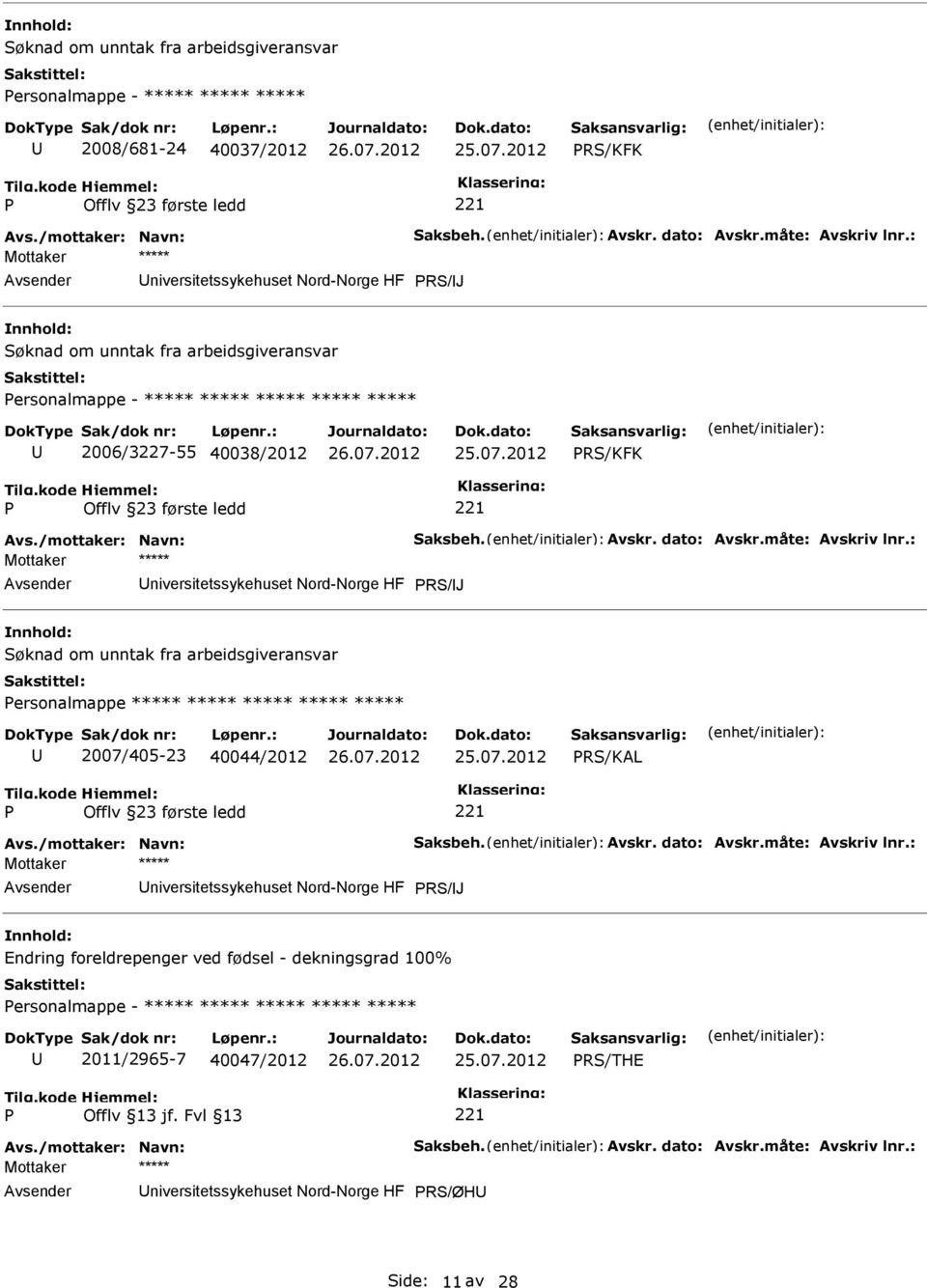 : niversitetssykehuset Nord-Norge HF RS/J ersonalmappe ***** ***** ***** ***** ***** 2007/405-23 40044/2012 RS/KAL Avs./mottaker: Navn: Saksbeh. Avskr. dato: Avskr.måte: Avskriv lnr.