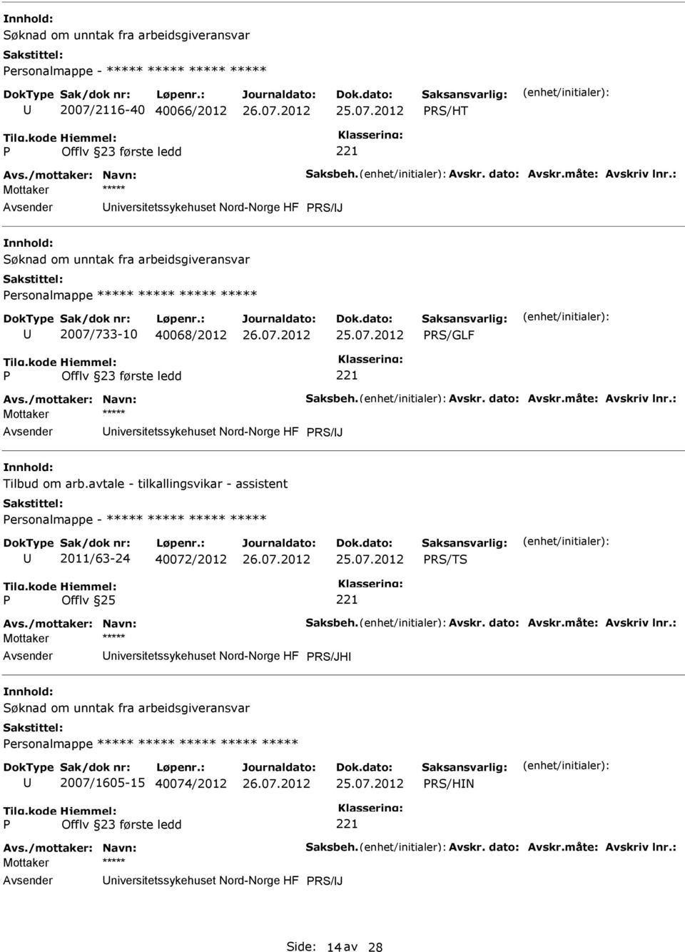 : niversitetssykehuset Nord-Norge HF RS/J Tilbud om arb.avtale - tilkallingsvikar - assistent ersonalmappe - ***** ***** ***** ***** 2011/63-24 40072/2012 RS/TS Avs./mottaker: Navn: Saksbeh.