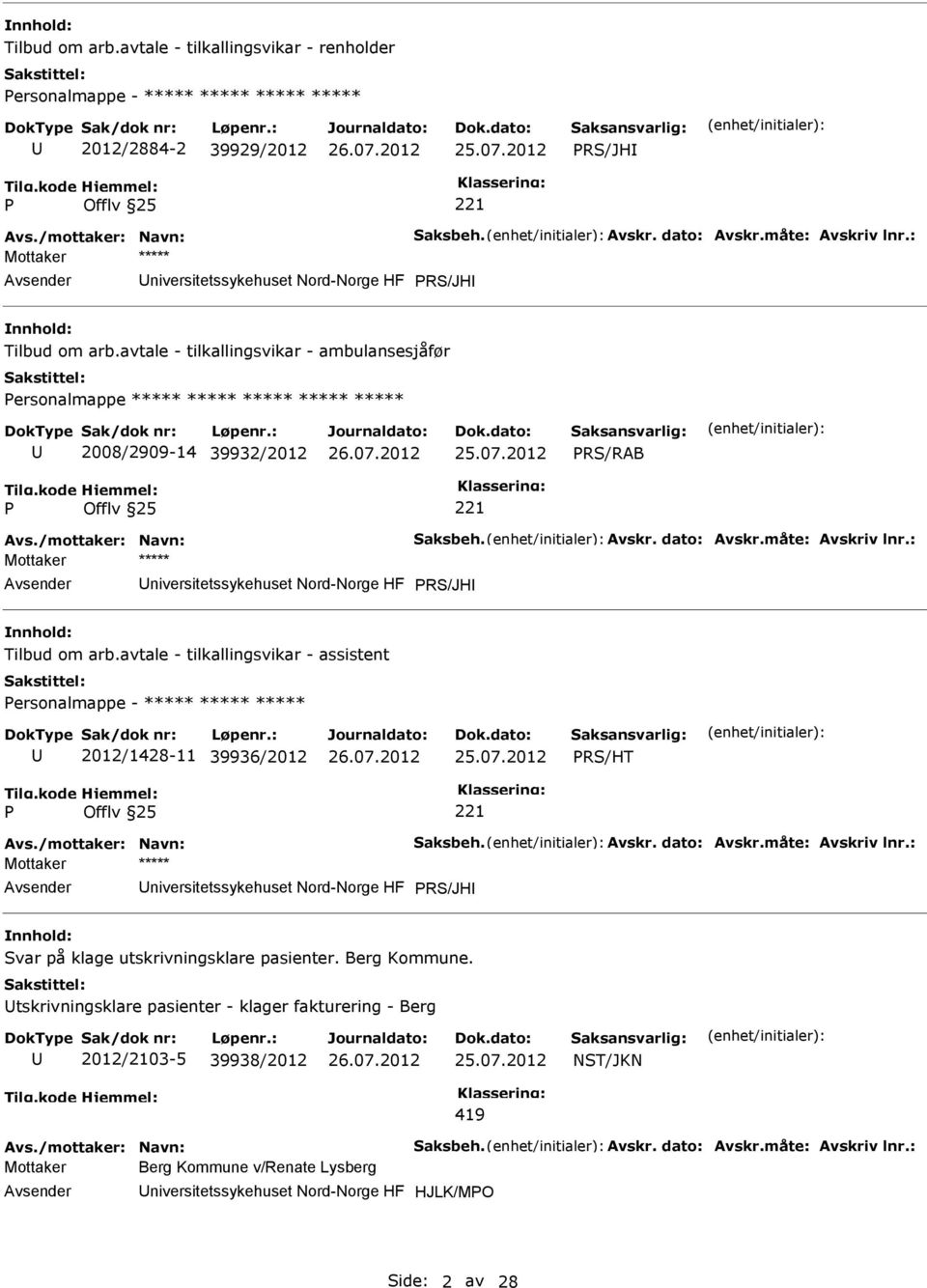 /mottaker: Navn: Saksbeh. Avskr. dato: Avskr.måte: Avskriv lnr.: niversitetssykehuset Nord-Norge HF RS/JH Tilbud om arb.