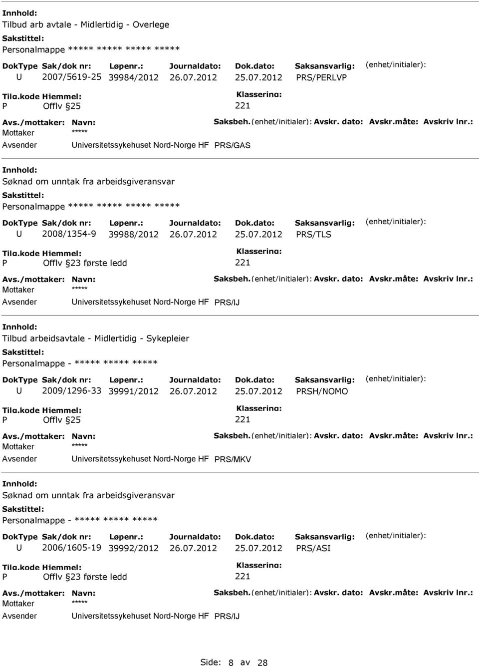 : niversitetssykehuset Nord-Norge HF RS/J Tilbud arbeidsavtale - Midlertidig - Sykepleier ersonalmappe - ***** ***** ***** 2009/1296-33 39991/2012 RSH/NOMO Avs./mottaker: Navn: Saksbeh. Avskr.