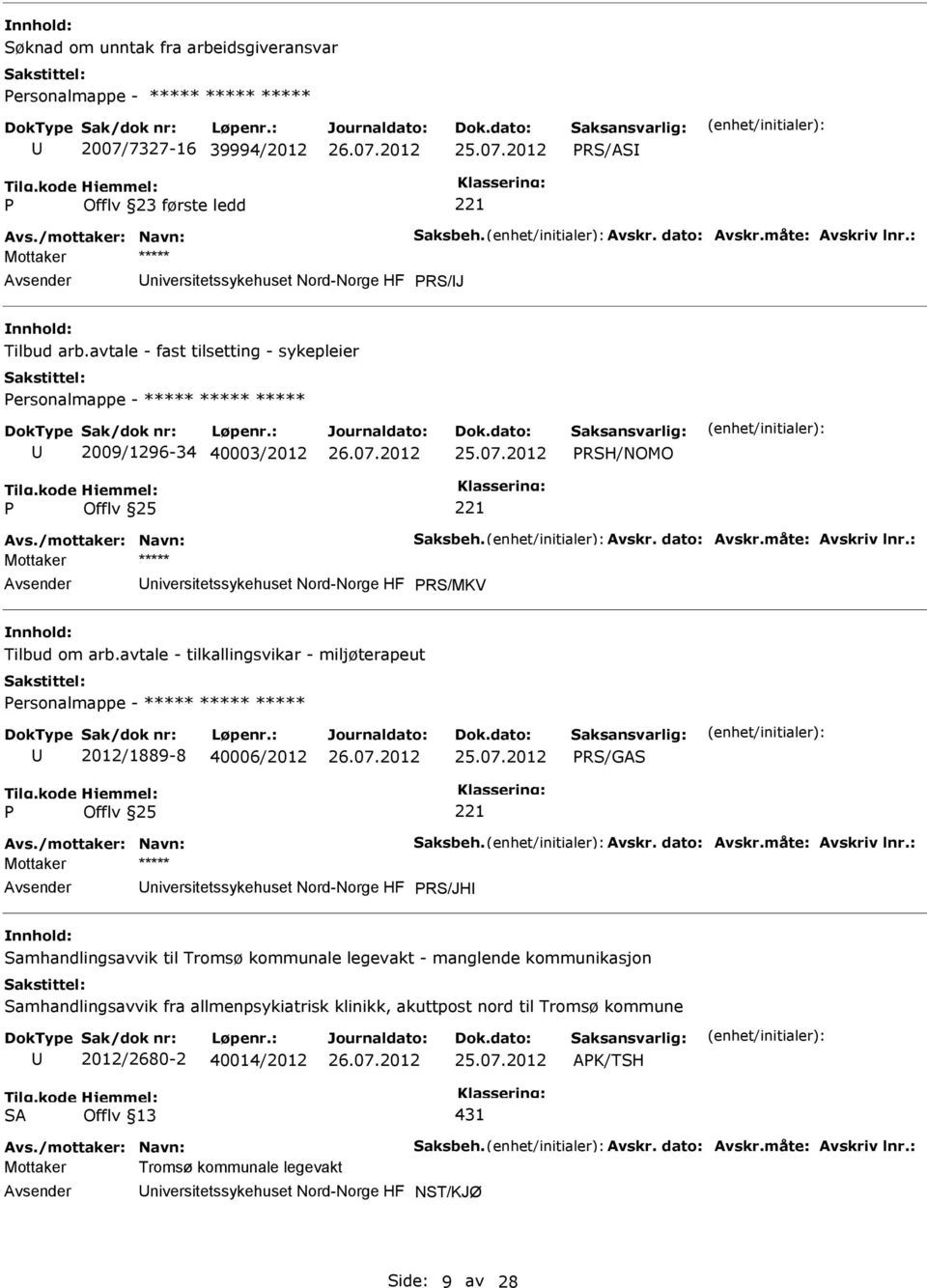 : niversitetssykehuset Nord-Norge HF RS/MKV Tilbud om arb.avtale - tilkallingsvikar - miljøterapeut ersonalmappe - ***** ***** ***** 2012/1889-8 40006/2012 RS/GAS Avs./mottaker: Navn: Saksbeh. Avskr.