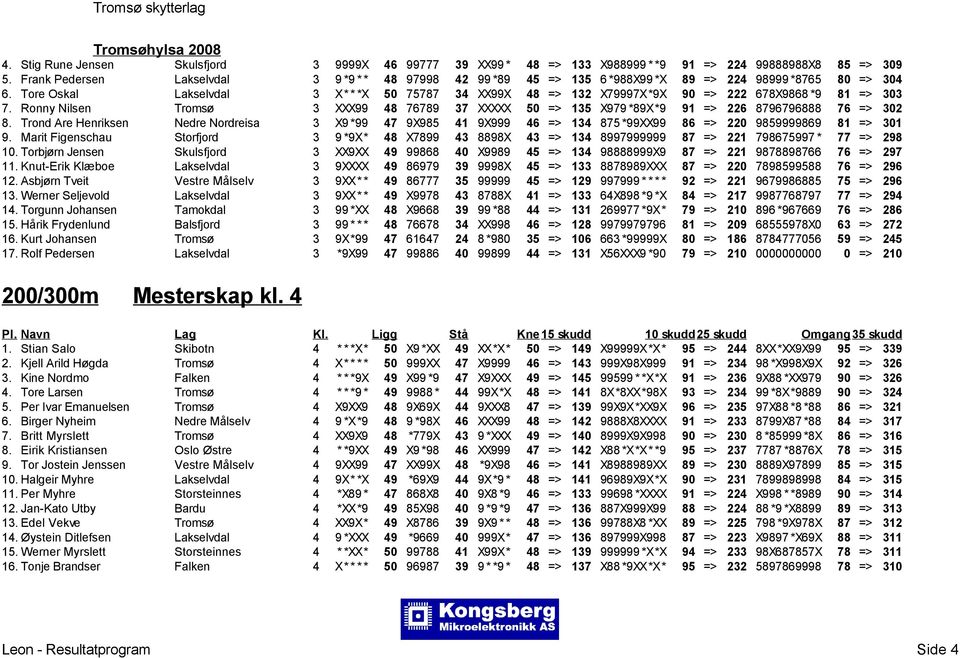 Tore Oskal Lakselvdal 3 X* * *X 50 75787 34 XX99X 48 => 132 X79997X*9X 90 => 222 678X9868 *9 81 => 303 7.