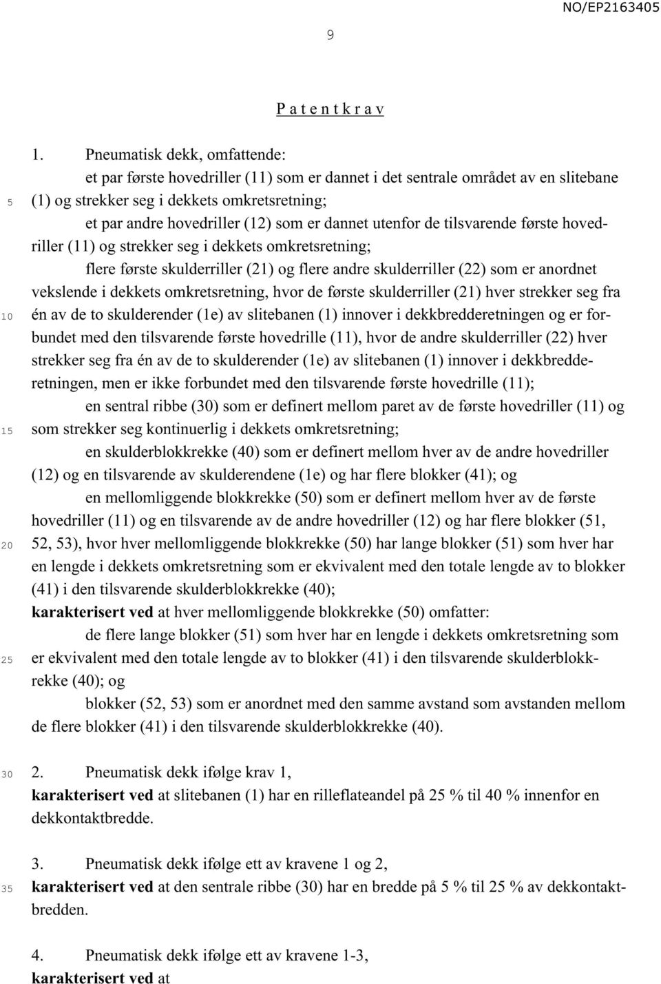 dannet utenfor de tilsvarende første hovedriller (11) og strekker seg i dekkets omkretsretning; flere første skulderriller (21) og flere andre skulderriller (22) som er anordnet vekslende i dekkets