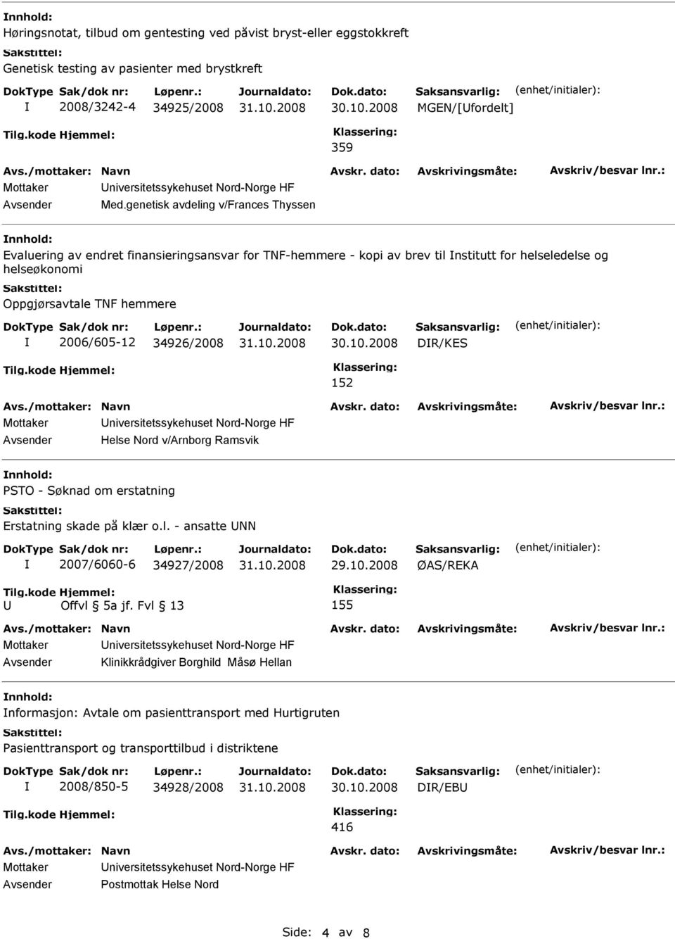 2006/605-12 34926/2008 DR/KES 152 Helse Nord v/arnborg Ramsvik PSTO - Søknad om erstatning Erstatning skade på klær o.l. - ansatte NN 2007/6060-6 34927/2008 29.10.