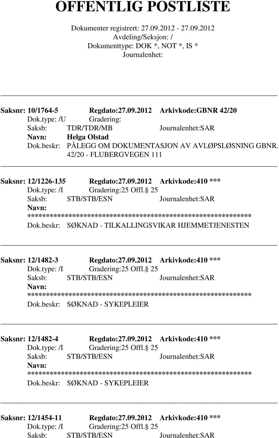 2012 Arkivkode:410 *** ** Dok.beskr: SØKNAD - TILKALLINGSVIKAR HJEMMETJENESTEN Saksnr: 12/1482-3 Regdato:27.09.