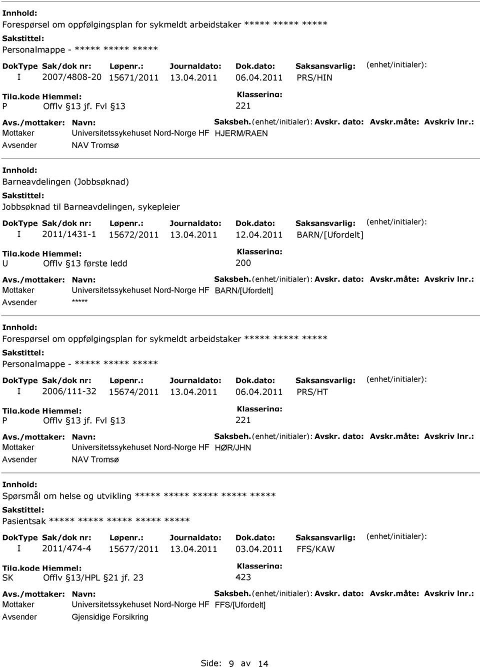 : Mottaker niversitetssykehuset Nord-Norge HF HJERM/RAEN NAV Tromsø Barneavdelingen (Jobbsøknad) Jobbsøknad til Barneavdelingen, sykepleier 2011/1431-1 15672/2011 Offlv 13 første ledd 200