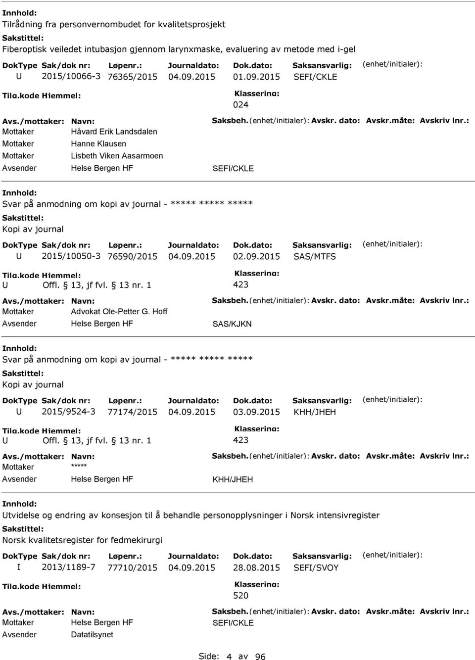 : Mottaker Håvard Erik Landsdalen Mottaker Mottaker Hanne Klausen Lisbeth Viken Aasarmoen SEF/CKLE Svar på anmodning om kopi av journal - ***** ***** ***** Kopi av journal 2015/10050-3 76590/2015 02.