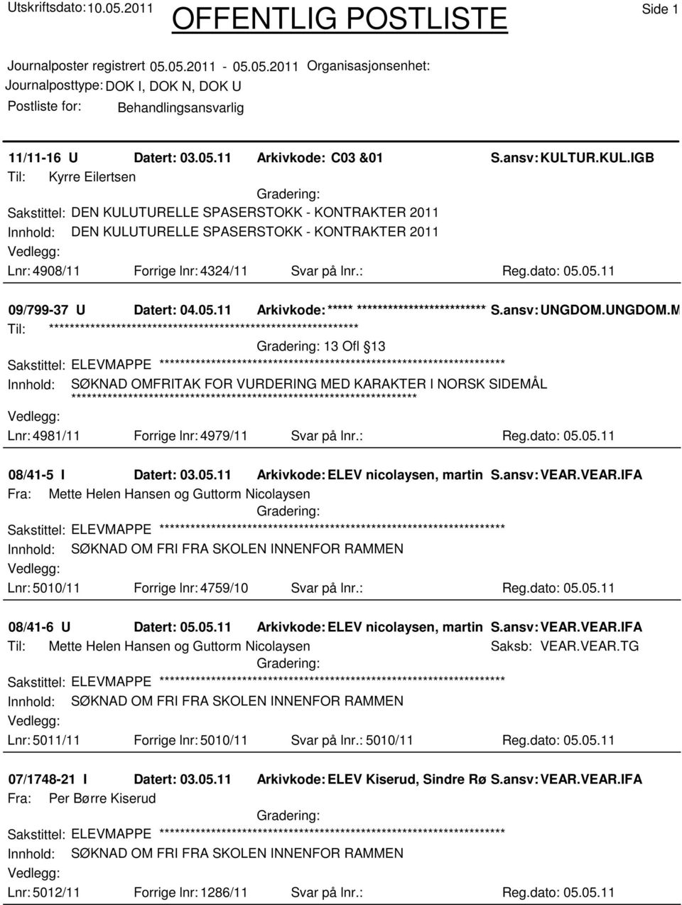 dato: 05.05.11 09/799-37 U Datert: 04.05.11 Arkivkode:***** ****************************** S.ansv: UNGDOM.