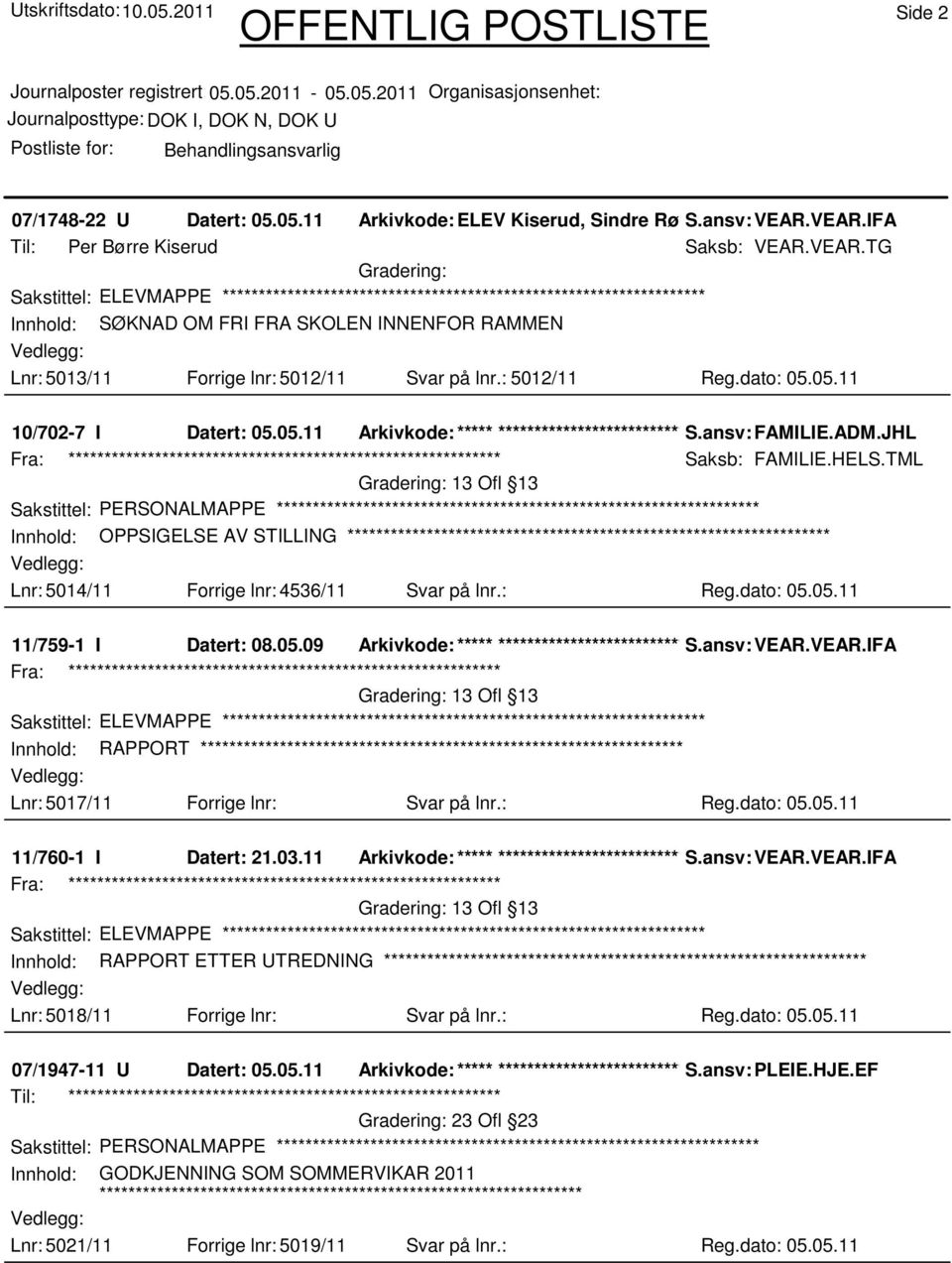 05.11 10/702-7 I Datert: 05.05.11 Arkivkode:***** ****************************** S.ansv: FAMILIE.ADM.JHL Saksb: FAMILIE.HELS.