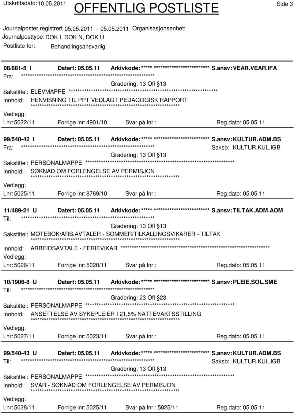 ansv: KULTUR.ADM.BS Saksb: KULTUR.KUL.IGB Sakstittel: PERSONALMAPPE Innhold: SØKNAD OM FORLENGELSE AV PERMISJON Lnr: 5025/11 Forrige lnr: 8769/10 Svar på lnr.: Reg.dato: 05.05.11 11/489-21 U Datert: 05.