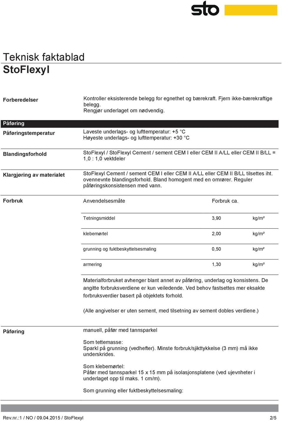 : 1,0 vektdeler Klargjøring av materialet Cement / sement CEM I eller CEM II A/LL eller CEM II B/LL tilsettes iht. ovennevnte blandingsforhold. Bland homogent med en omrører.