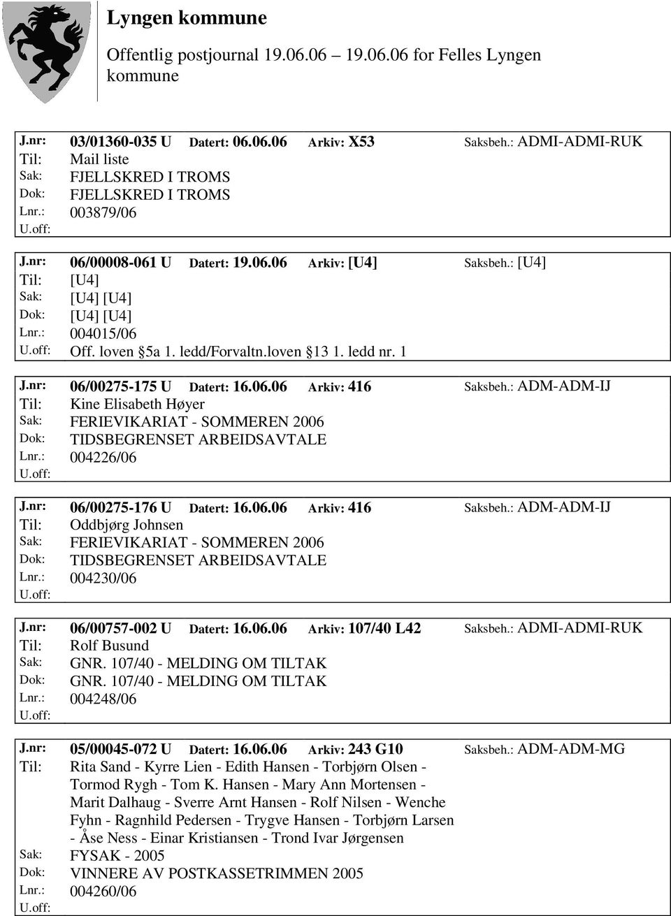 : ADM-ADM-IJ Til: Kine Elisabeth Høyer Sak: FERIEVIKARIAT - SOMMEREN 2006 Dok: TIDSBEGRENSET ARBEIDSAVTALE Lnr.: 004226/06 J.nr: 06/00275-176 U Datert: 16.06.06 Arkiv: 416 Saksbeh.