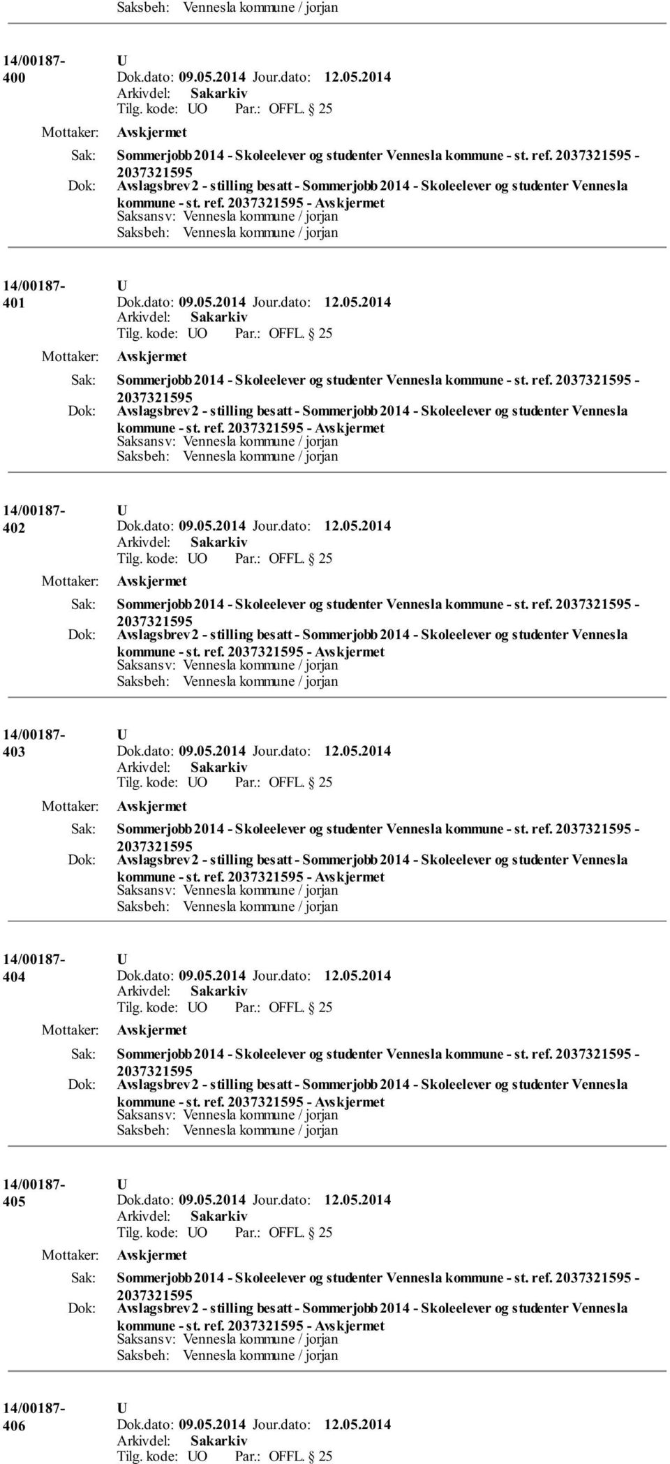 ref. - kommune - st. ref. - 403 Sommerjobb 2014 - Skoleelever og studenter Vennesla kommune - st. ref. - kommune - st. ref. - 404 Sommerjobb 2014 - Skoleelever og studenter Vennesla kommune - st.