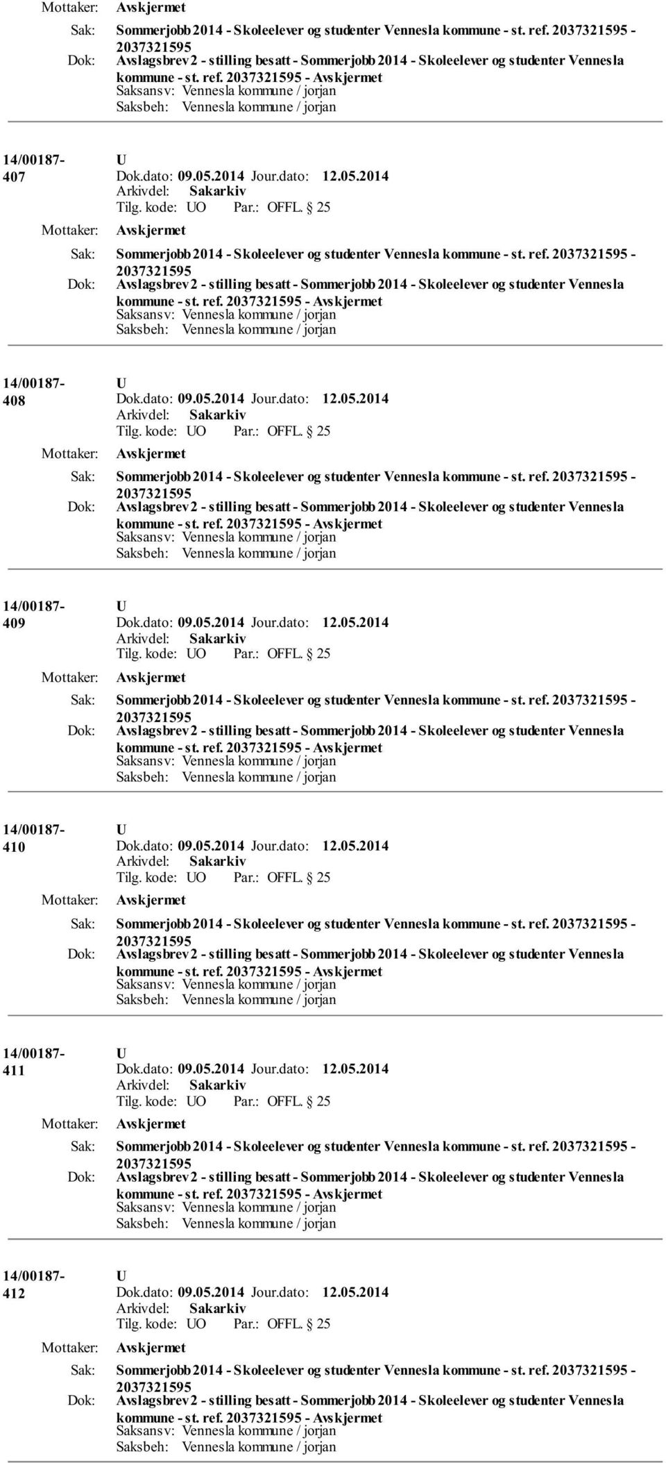 ref. - kommune - st. ref. - 411 Sommerjobb 2014 - Skoleelever og studenter Vennesla kommune - st. ref. - kommune - st. ref. - 412 Sommerjobb 2014 - Skoleelever og studenter Vennesla kommune - st.