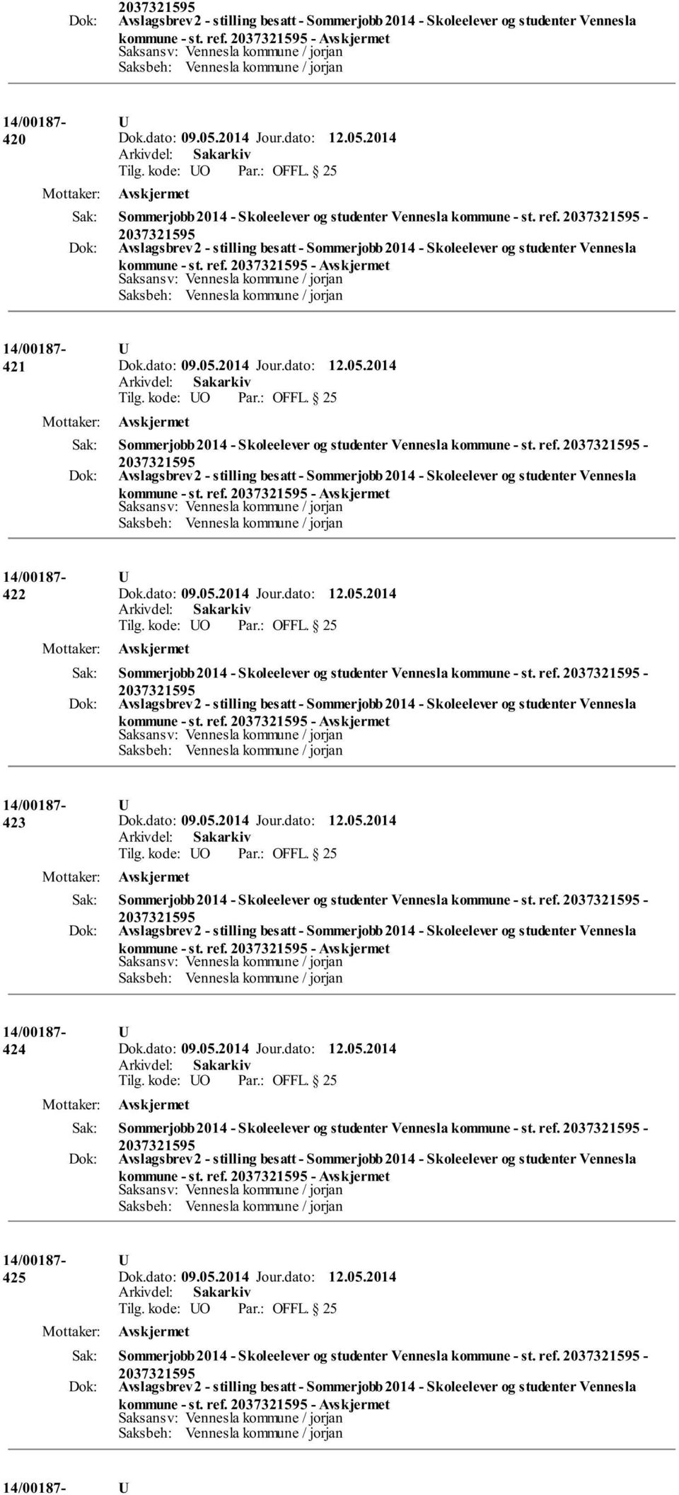 ref. - kommune - st. ref. - 424 Sommerjobb 2014 - Skoleelever og studenter Vennesla kommune - st. ref. - kommune - st. ref. - 425 Sommerjobb 2014 - Skoleelever og studenter Vennesla kommune - st.