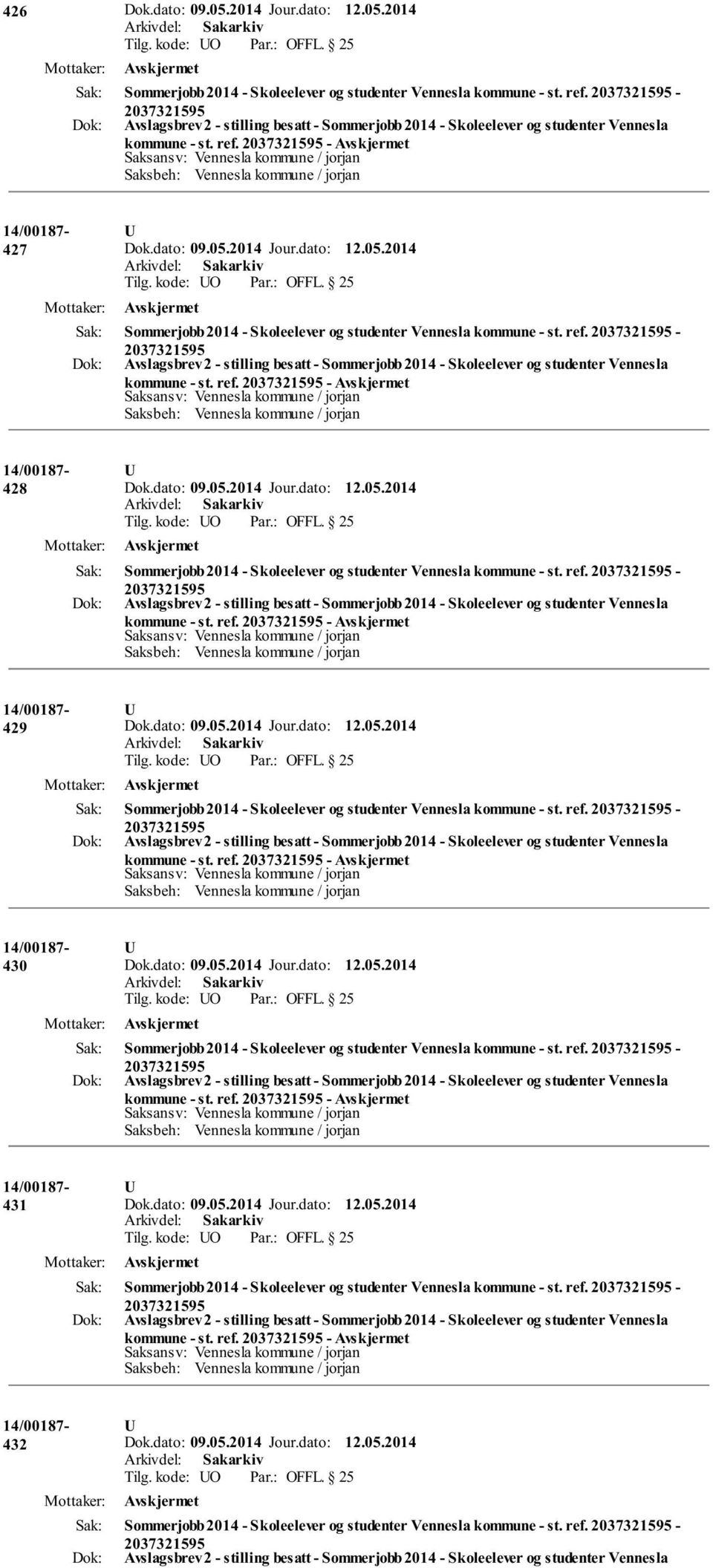 ref. - kommune - st. ref. - 430 Sommerjobb 2014 - Skoleelever og studenter Vennesla kommune - st. ref. - kommune - st. ref. - 431 Sommerjobb 2014 - Skoleelever og studenter Vennesla kommune - st.