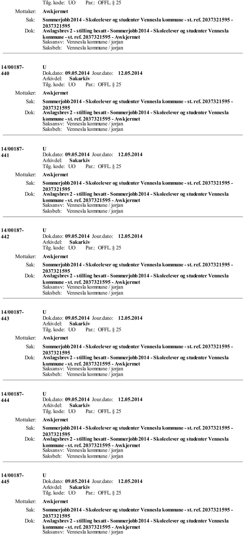 ref. - kommune - st. ref. - 444 Sommerjobb 2014 - Skoleelever og studenter Vennesla kommune - st. ref. - kommune - st. ref. - 445 Sommerjobb 2014 - Skoleelever og studenter Vennesla kommune - st.