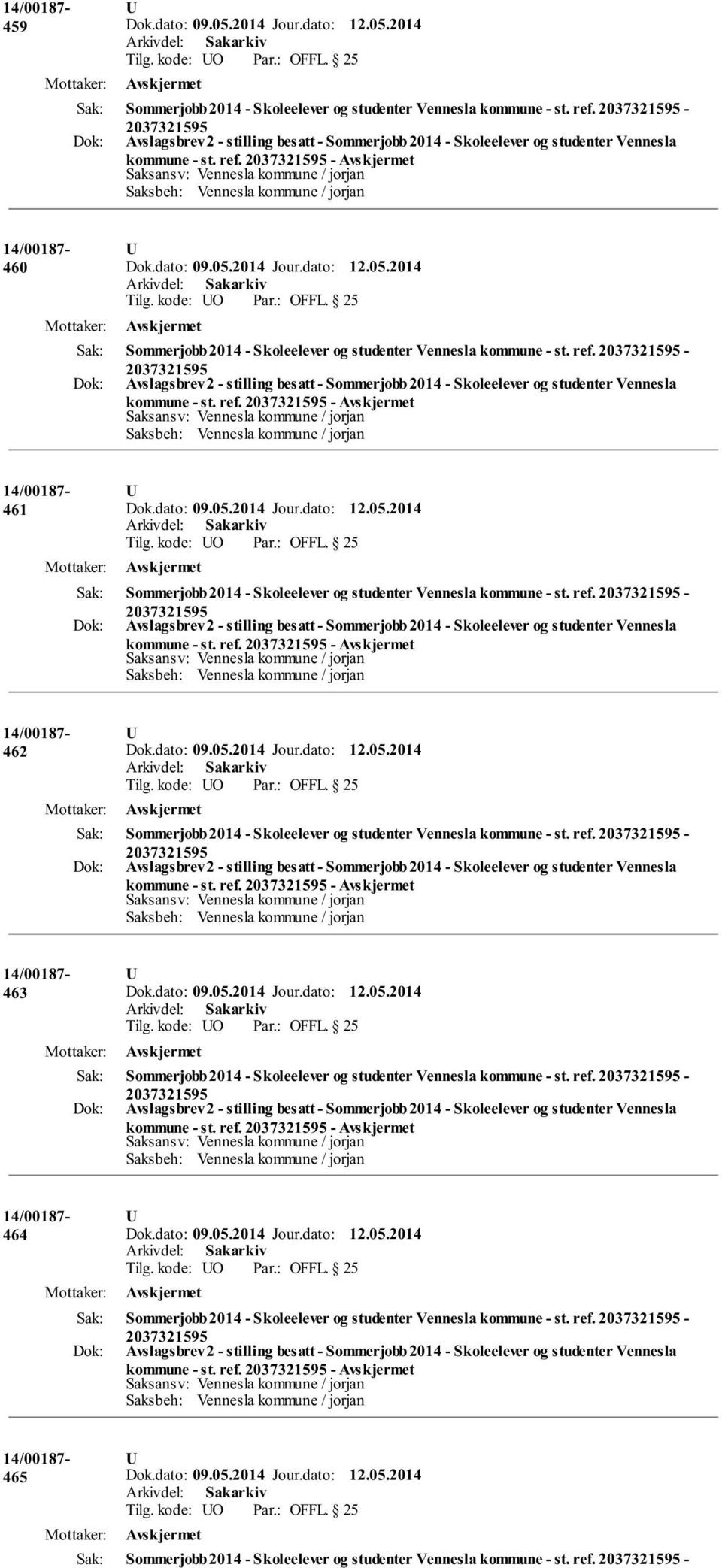 ref. - kommune - st. ref. - 463 Sommerjobb 2014 - Skoleelever og studenter Vennesla kommune - st. ref. - kommune - st. ref. - 464 Sommerjobb 2014 - Skoleelever og studenter Vennesla kommune - st.