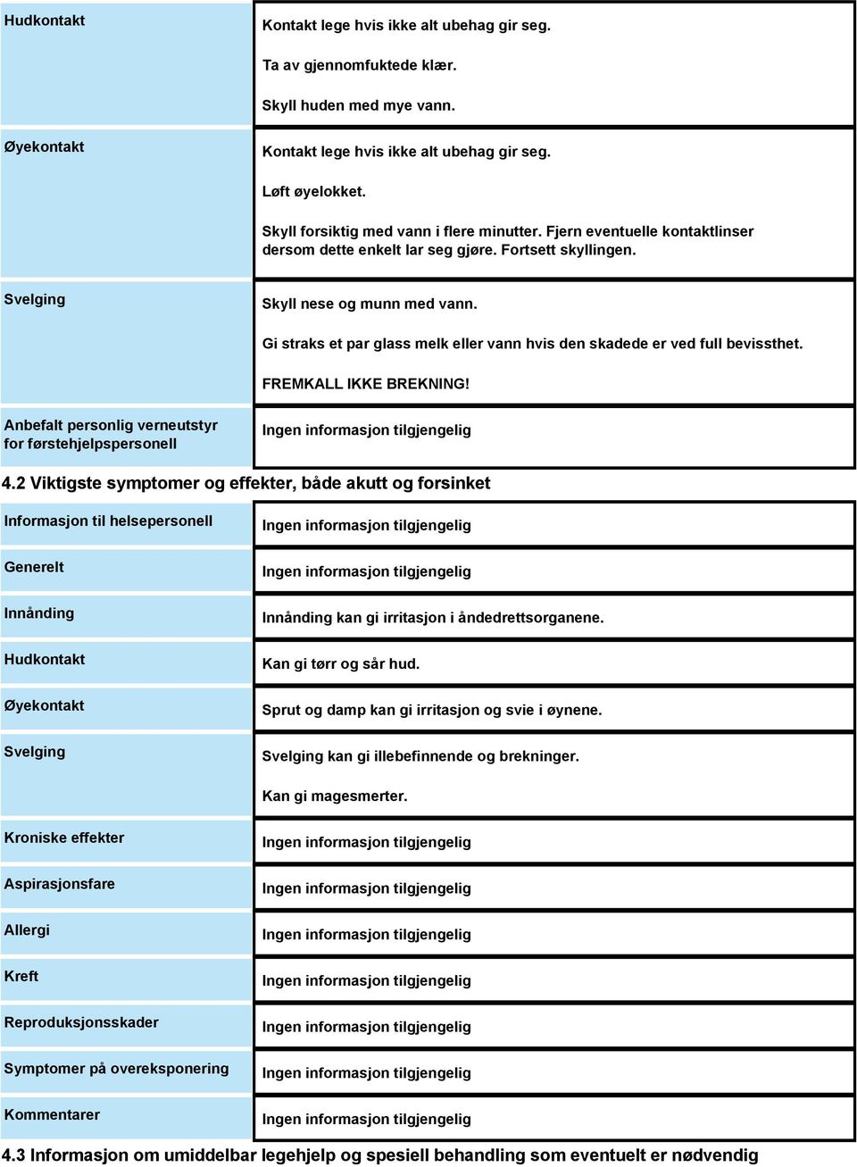 Gi straks et par glass melk eller vann hvis den skadede er ved full bevissthet. FREMKALL IKKE BREKNING! Anbefalt personlig verneutstyr for førstehjelpspersonell 4.