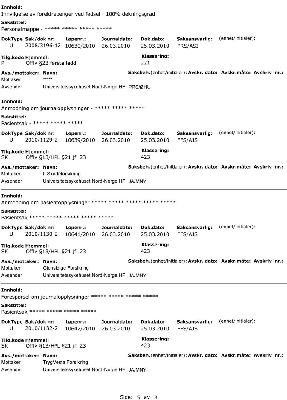 23 423 Mottaker f Skadeforsikring niversitetssykehuset Nord-Norge HF JA/MNY Anmodning om pasientopplysninger ***** ***** ***** ***** ***** asientsak ***** ***** ***** ***** ***** 2010/1130-2