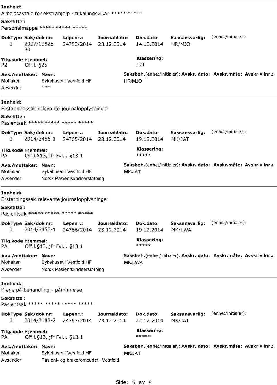 : Norsk Pasientskadeerstatning Erstatningssak relevante journalopplysninger Pasientsak 2014/3455-1 24766/2014 19.12.2014 MK/LWA Avs./mottaker: Navn: Saksbeh. Avskr. dato: Avskr.måte: Avskriv lnr.