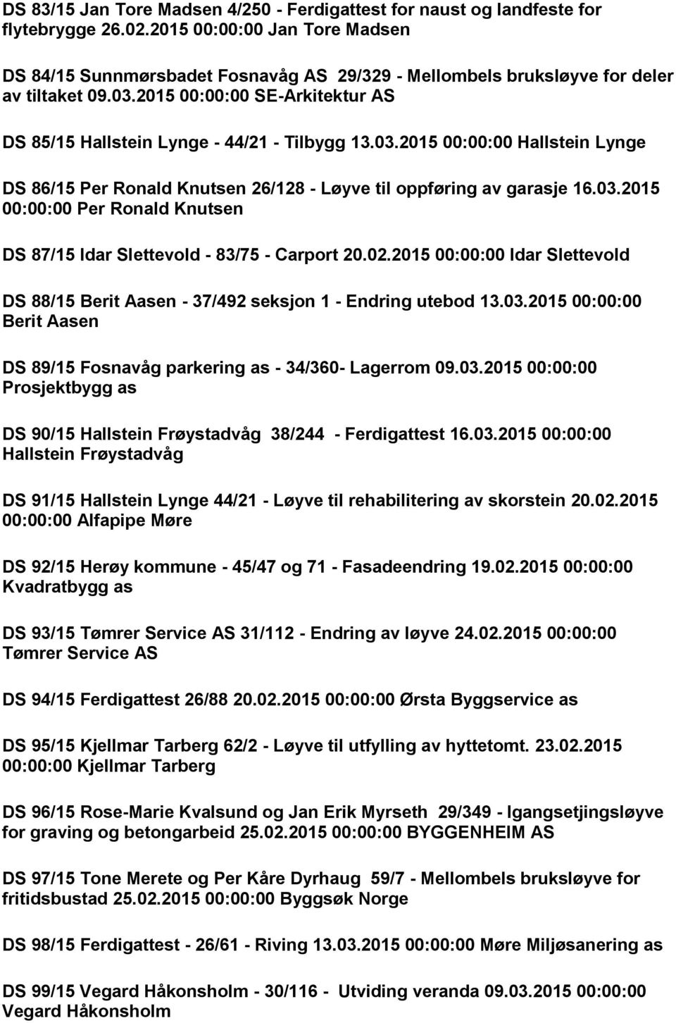 2015 00:00:00 SE-Arkitektur AS DS 85/15 Hallstein Lynge - 44/21 - Tilbygg 13.03.2015 00:00:00 Hallstein Lynge DS 86/15 Per Ronald Knutsen 26/128 - Løyve til oppføring av garasje 16.03.2015 00:00:00 Per Ronald Knutsen DS 87/15 Idar Slettevold - 83/75 - Carport 20.