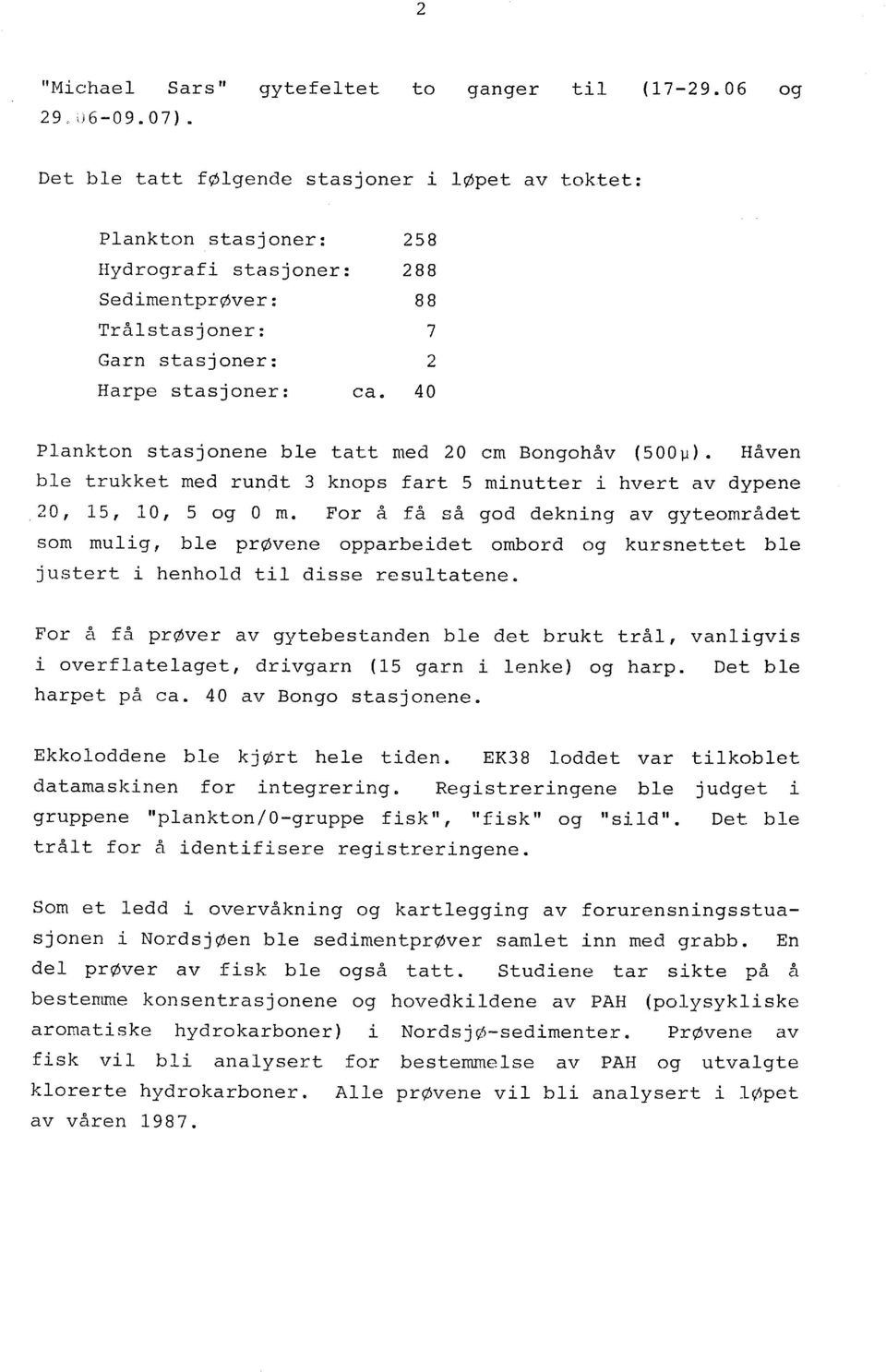 40 Panktn stasjnene be tatt med 20 cm Bnghåv (500). Håven be trukket med runt 3 knps fart 5 minutter i hvert av dypene 20, 15, 10, 5 g O m.