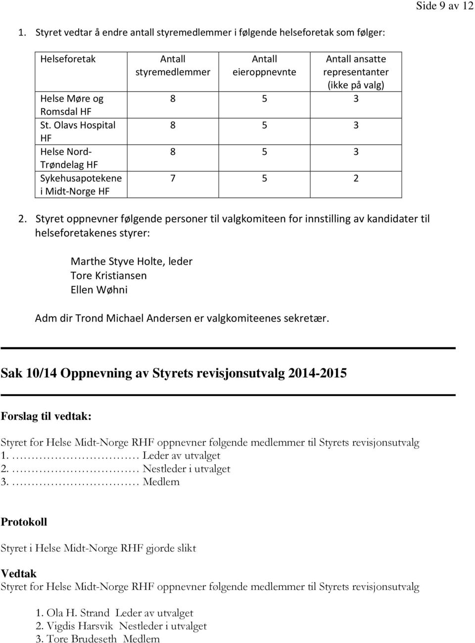 Styret oppnevner følgende personer til valgkomiteen for innstilling av kandidater til helseforetakenes styrer: Marthe Styve Holte, leder Tore Kristiansen Ellen Wøhni Adm dir Trond Michael Andersen er