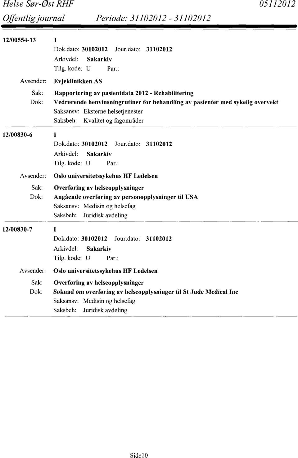 Ledelsen Sak: Overføring av helseopplysninger Dok: Angående overføring av personopplysninger til USA Saksbeh: Juridisk avdeling 12/00830-7 Oslo