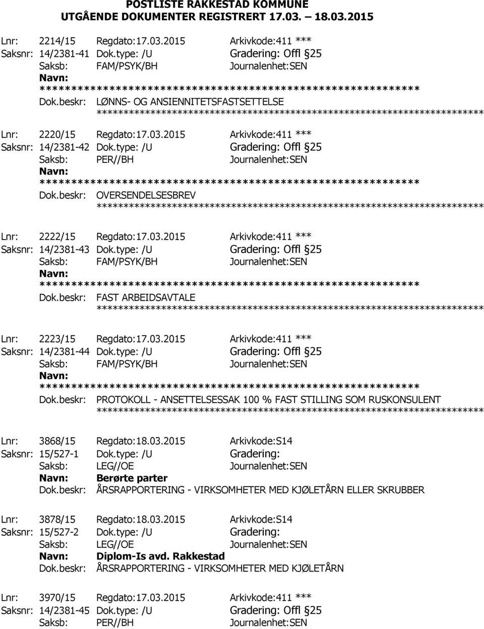 type: /U Offl 25 Saksb: PER//BH Journalenhet:SEN Dok.beskr: OVERSENDELSESBREV Lnr: 2222/15 Regdato:17.03.2015 Arkivkode:411 *** Saksnr: 14/2381-43 Dok.