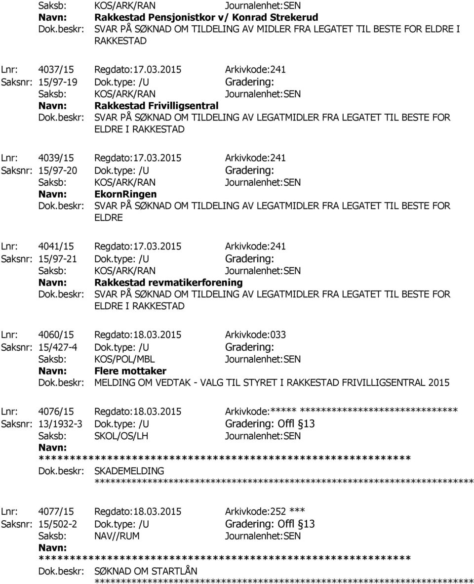 type: /U EkornRingen Dok.beskr: SVAR PÅ SØKNAD OM TILDELING AV LEGATMIDLER FRA LEGATET TIL BESTE FOR ELDRE Lnr: 4041/15 Regdato:17.03.2015 Arkivkode:241 Saksnr: 15/97-21 Dok.