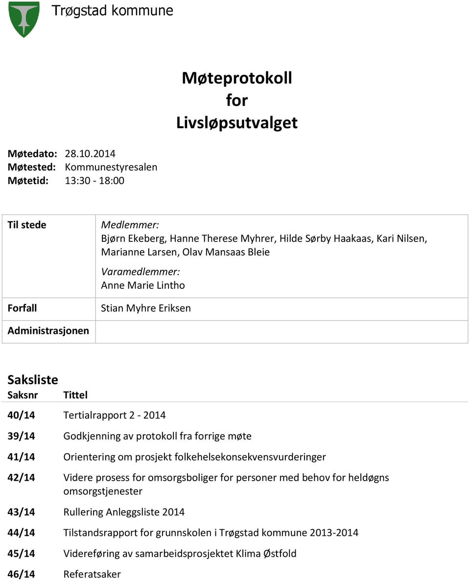 Marianne Larsen, Olav Mansaas Bleie Varamedlemmer: Anne Marie Lintho Stian Myhre Eriksen Administrasjonen Saksliste Saksnr Tittel 40/14 Tertialrapport 2-2014 39/14 Godkjenning av protokoll