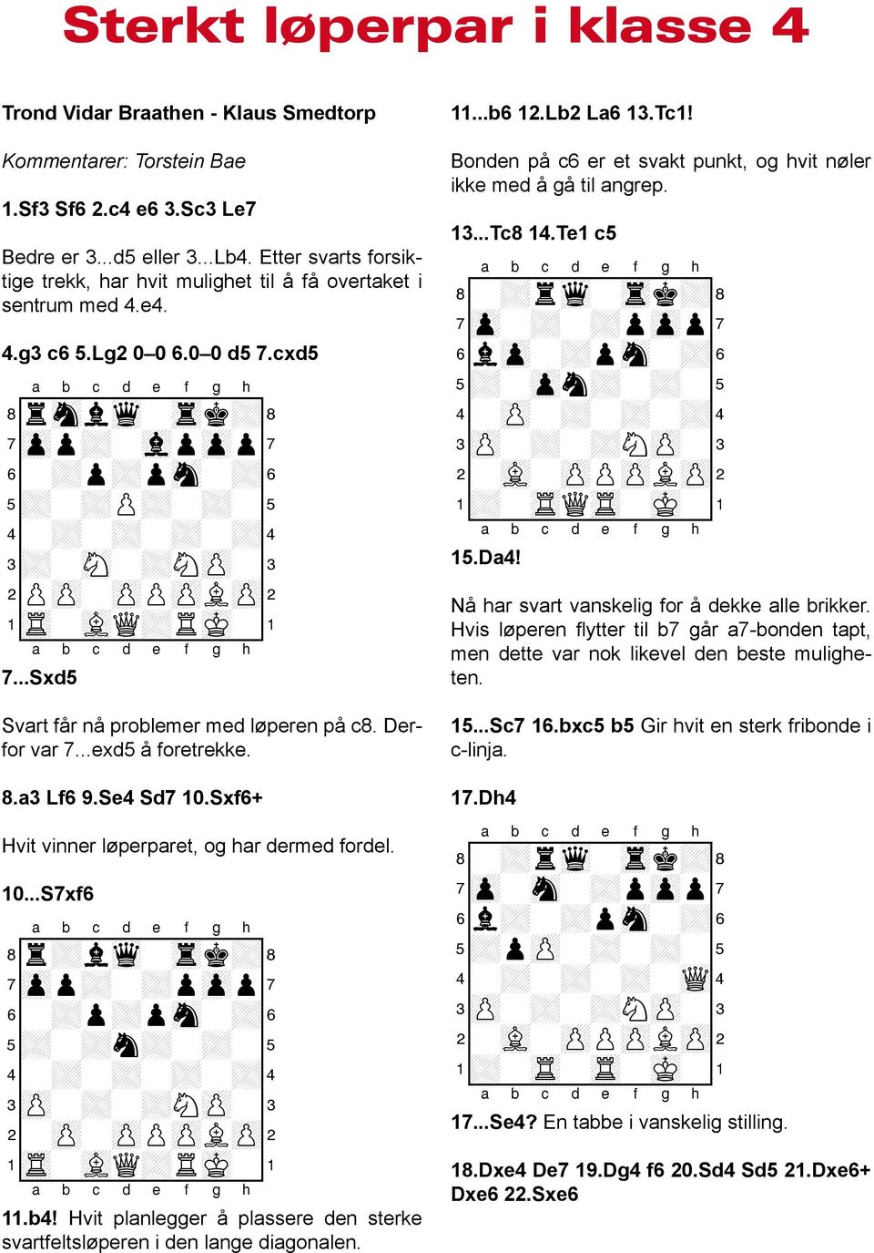 cxd5 8rsnlwq-trk+( 7zpp+-vlpzpp 6-+p+psn-+& 5+-+P+-+-% 4-+-+-+-+$ 3+-sN-+NzP-# 2PzP-zPPzPLzP" 1tR-vLQ+RmK-! 7...Sxd5 Svart får nå problemer med løperen på c8. Derfor var 7...exd5 å foretrekke. 8.a3 Lf6 9.