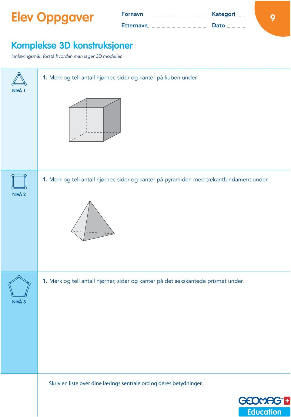 Merk og tell antall hjørner, sider og kanter på kuben under. 1.