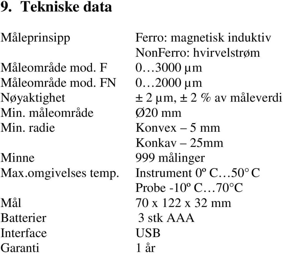 måleområde Ø20 mm Min. radie Konvex 5 mm Konkav 25mm Minne 999 målinger Max.omgivelses temp.