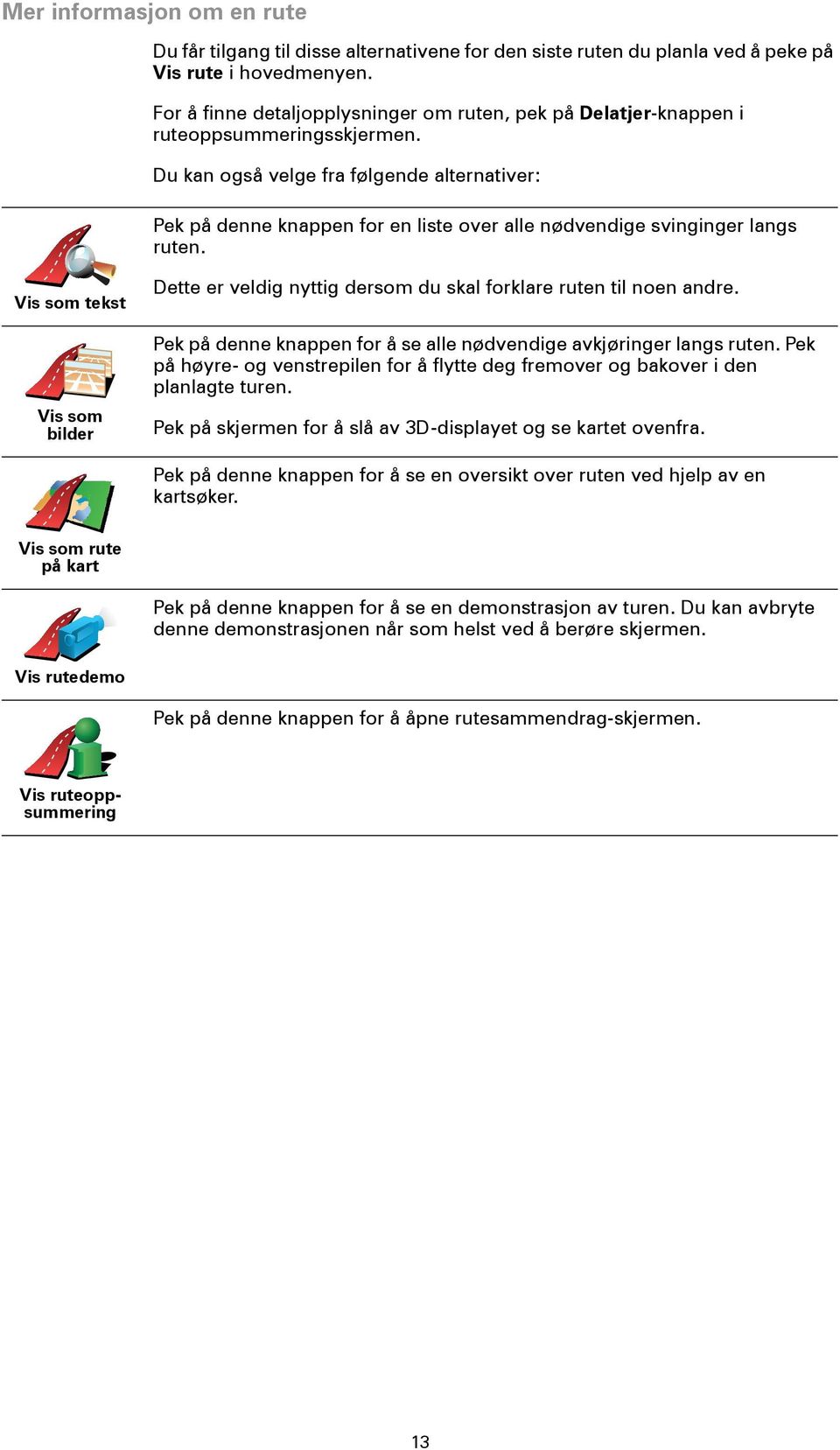 Du kan også velge fra følgende alternativer: Pek på denne knappen for en liste over alle nødvendige svinginger langs ruten.