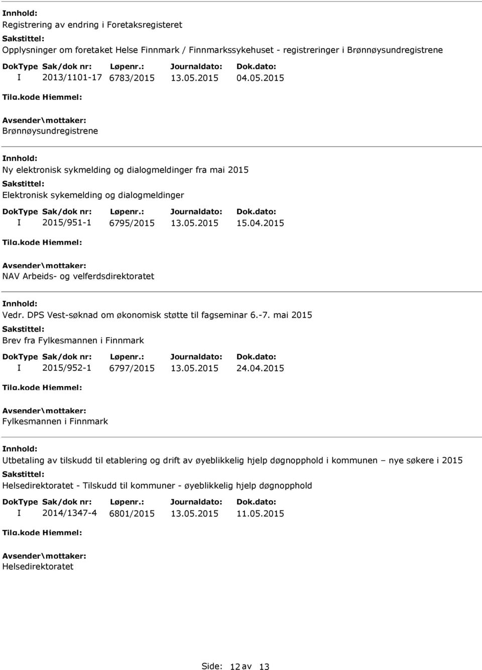 2015 NAV Arbeids- og velferdsdirektoratet nnhold: Vedr. DPS Vest-søknad om økonomisk støtte til fagseminar 6.-7. mai 2015 Brev fra Fylkesmannen i Finnmark 2015/952-1 6797/2015 24.04.