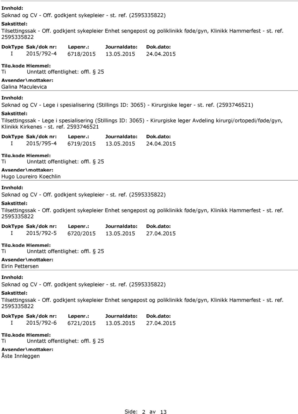(2593746521) lsettingssak - Lege i spesialisering (Stillings D: 3065) - Kirurgiske leger Avdeling kirurgi/ortopedi/føde/gyn, 2015/795-4 6719/2015 Hugo Loureiro Koechlin 24.04.