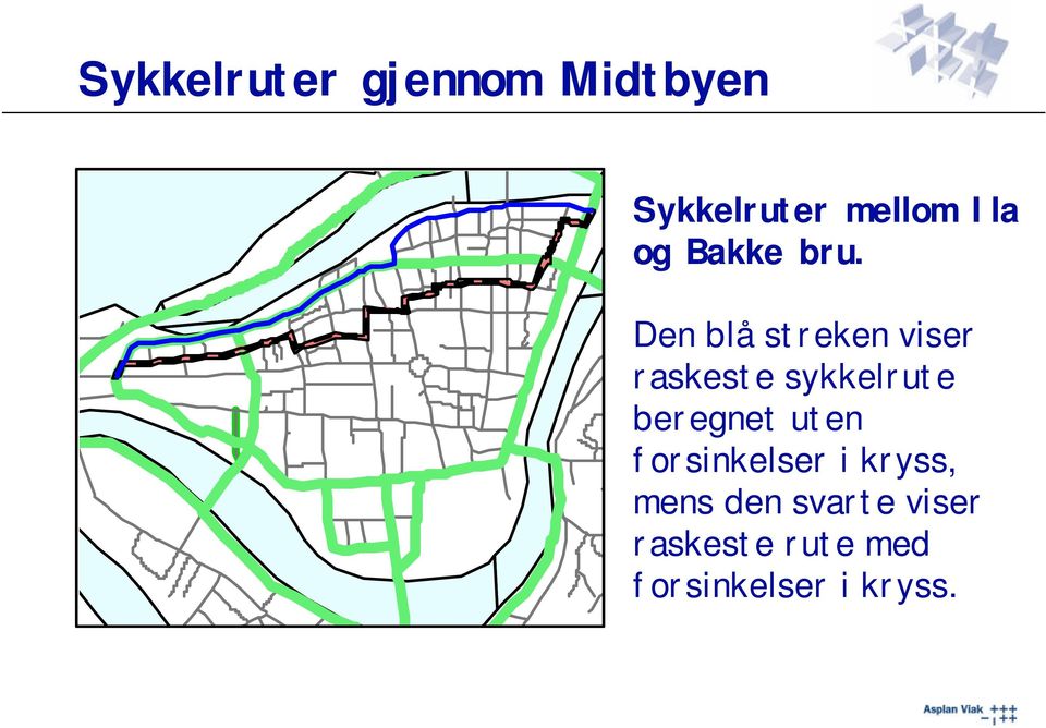 Den blå streken viser raskeste sykkelrute beregnet