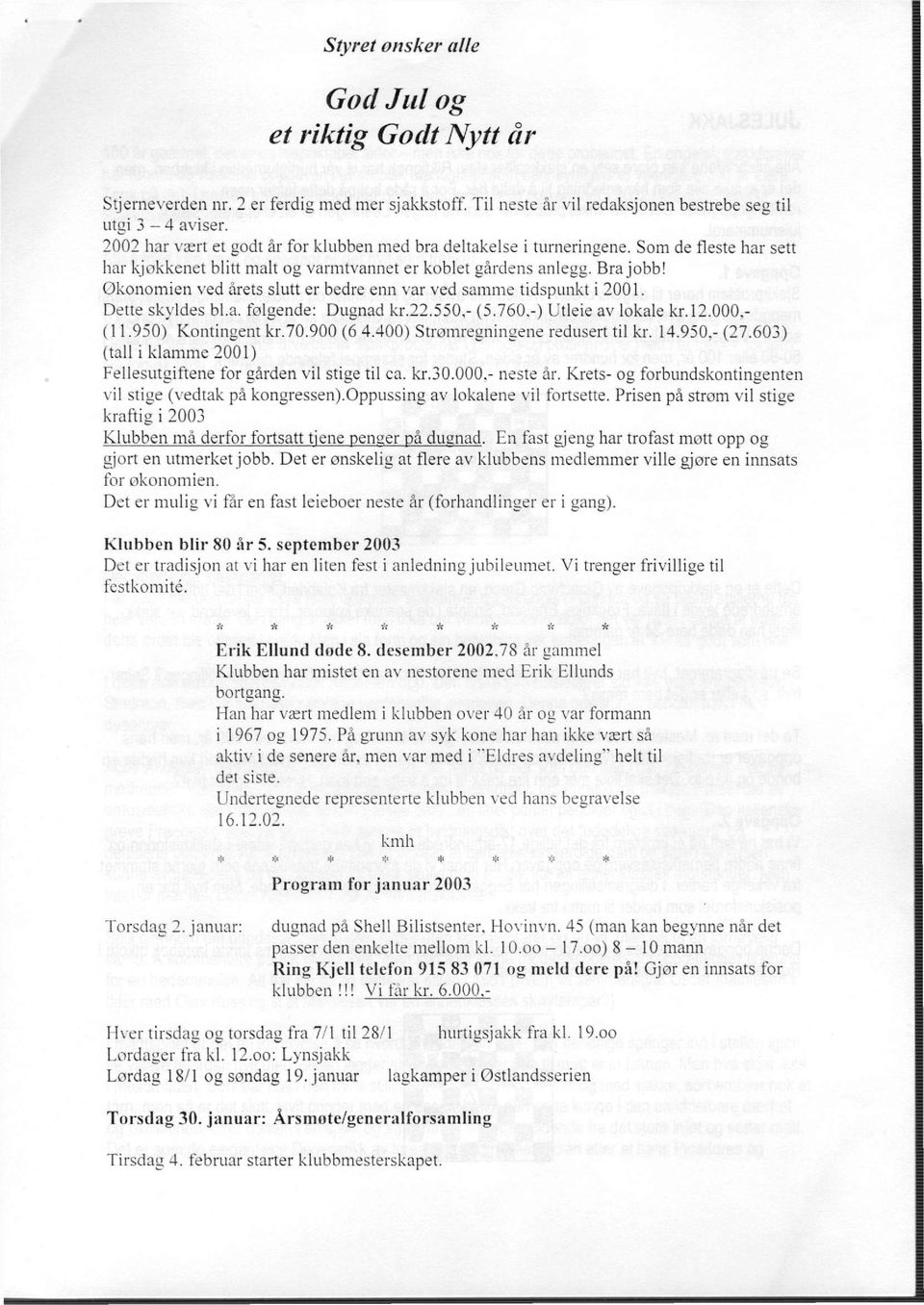 Økonomien ved årets slutt er bedre enn var ved samme tidspunkt i 2001. Dette skyldes bla. følgende: Dugnad kr.22.550,- (5.760.-) Utleie av lokale kr.12.000,- (11.950) Kontingent kr.70.900 (6 4.