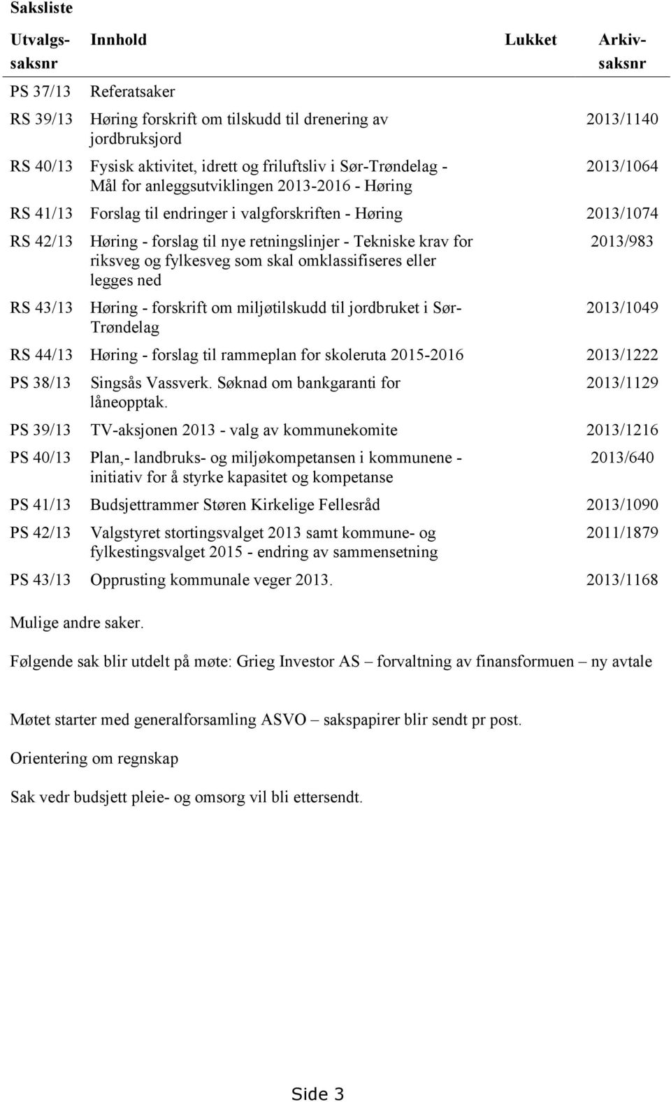 retningslinjer - Tekniske krav for riksveg og fylkesveg som skal omklassifiseres eller legges ned Høring - forskrift om miljøtilskudd til jordbruket i Sør- Trøndelag 2013/983 2013/1049 RS 44/13