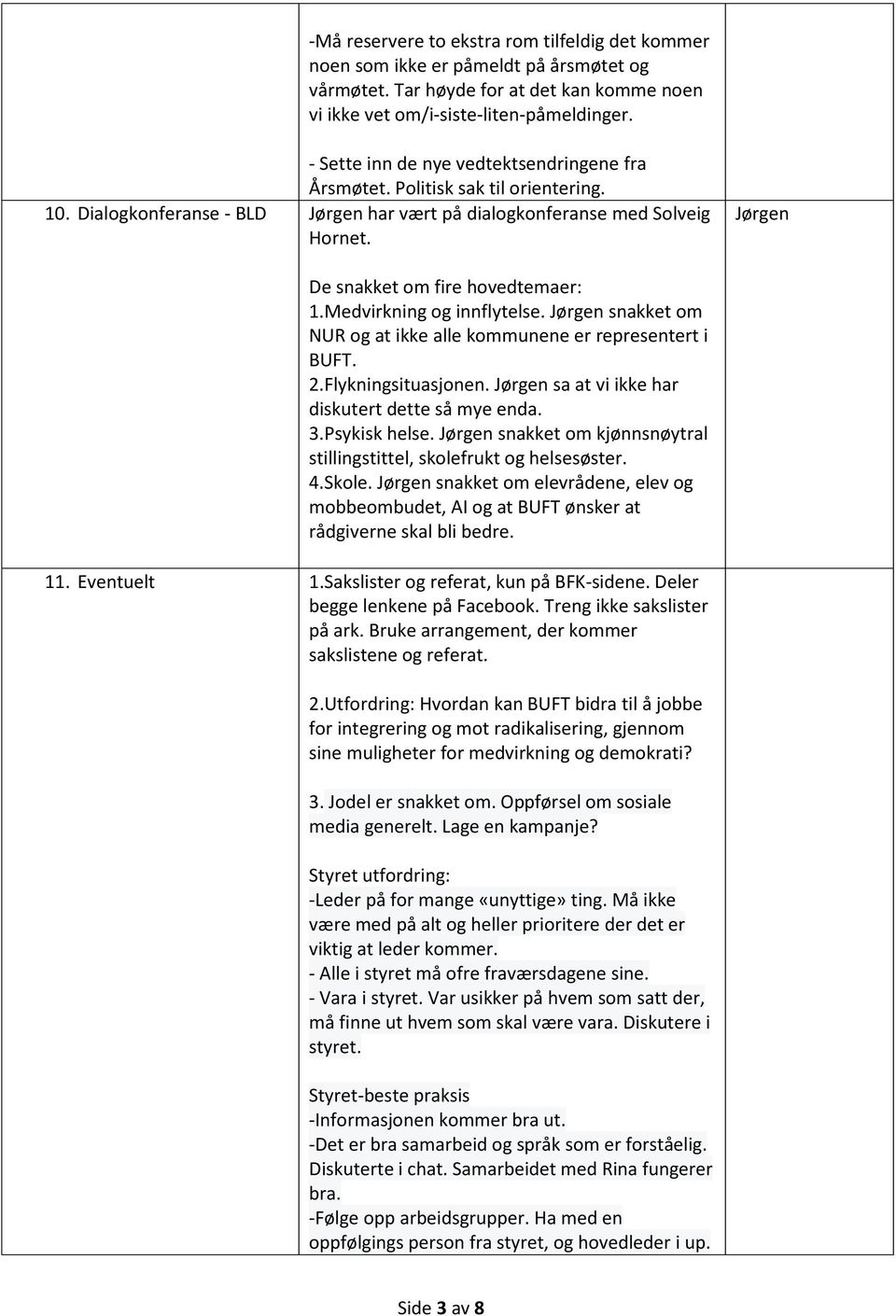 Jørgen De snakket om fire hovedtemaer: 1.Medvirkning og innflytelse. Jørgen snakket om NUR og at ikke alle kommunene er representert i BUFT. 2.Flykningsituasjonen.