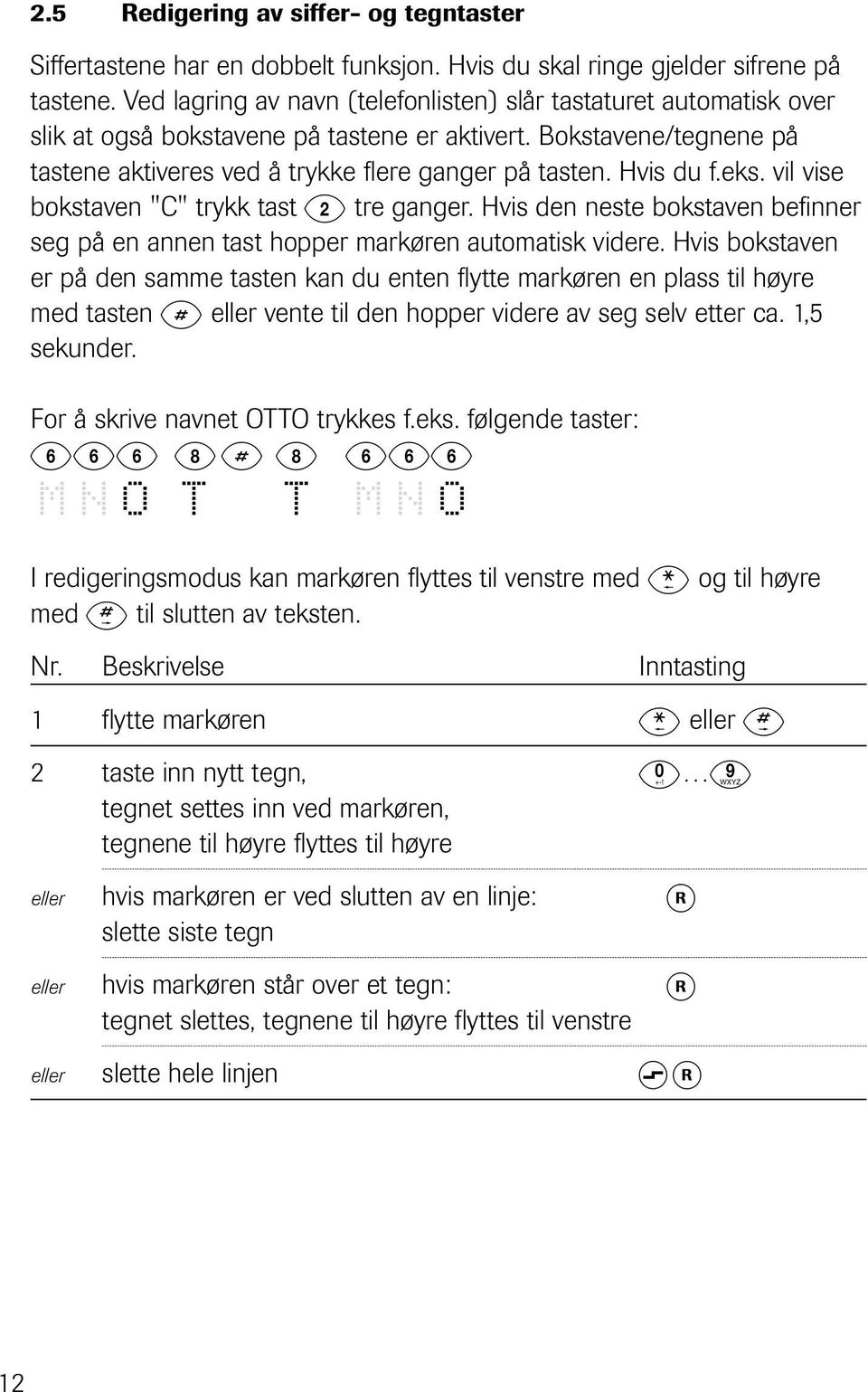 Hvis du f.eks. vil vise bokstaven "C" trykk tast tre ganger. Hvis den neste bokstaven befinner seg på en annen tast hopper markøren automatisk videre.