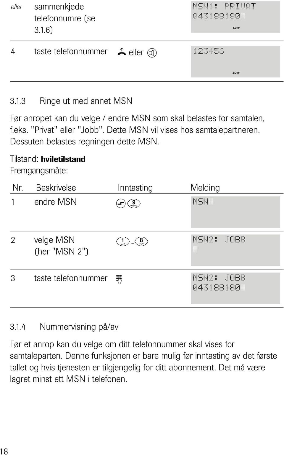 Tilstand: hviletilstand 1 endre MSN MSN s } velge MSN (her "MSN ") { MSN:8JOBB 3 taste telefonnummer Z MSN:8JOBB 043188180 3.1.4 Nummervisning på/av Før et anrop kan du velge om ditt telefonnummer skal vises for samtaleparten.