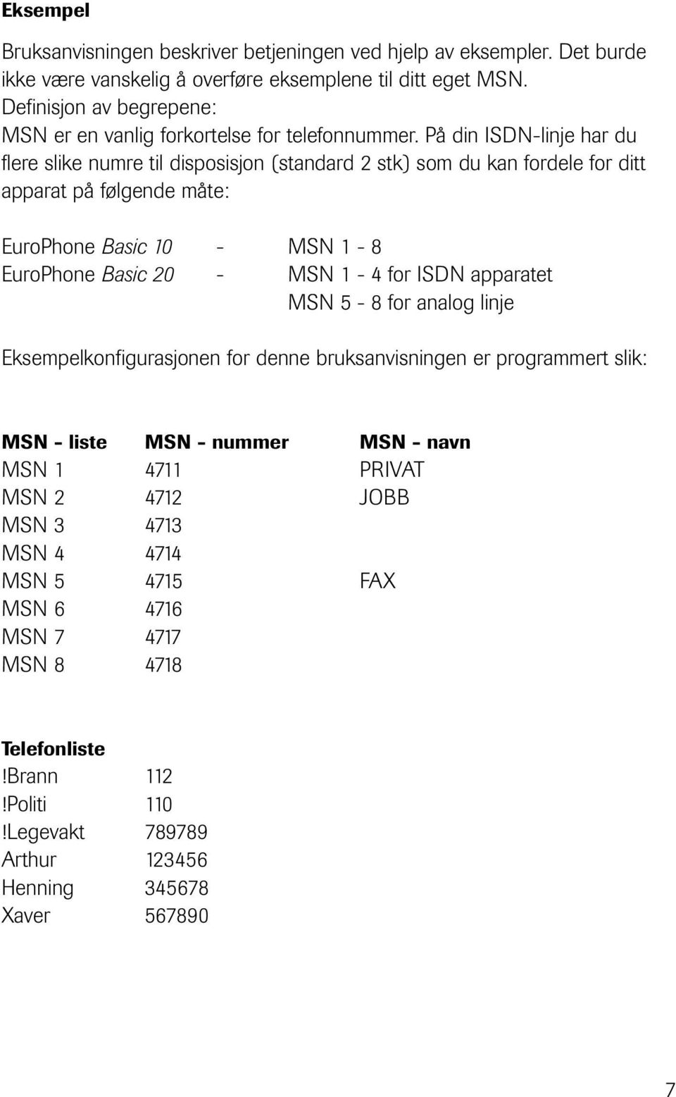 På din ISDN-linje har du flere slike numre til disposisjon (standard stk) som du kan fordele for ditt apparat på følgende måte: EuroPhone Basic 10 - MSN 1-8 EuroPhone Basic 0 - MSN 1-4