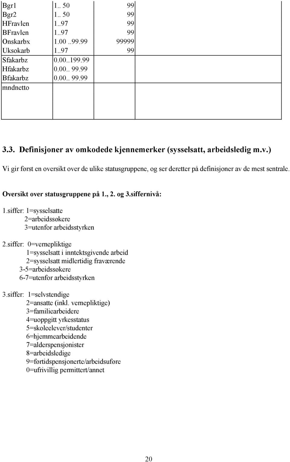 Oversikt over statusgruppene på 1., 2. og 3.siffernivå: 1.siffer: 1=sysselsatte 2=arbeidssøkere 3=utenfor arbeidsstyrken 2.